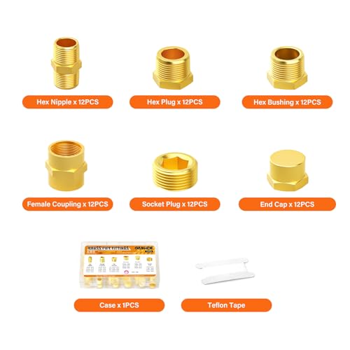 GASHER Brass Pipe Fittings Assortment Kit Hex NippleReducer BushingReducing Hex CouplingHex Heand PlugEnd Cap and Socket Plug72Pcs - Image 3
