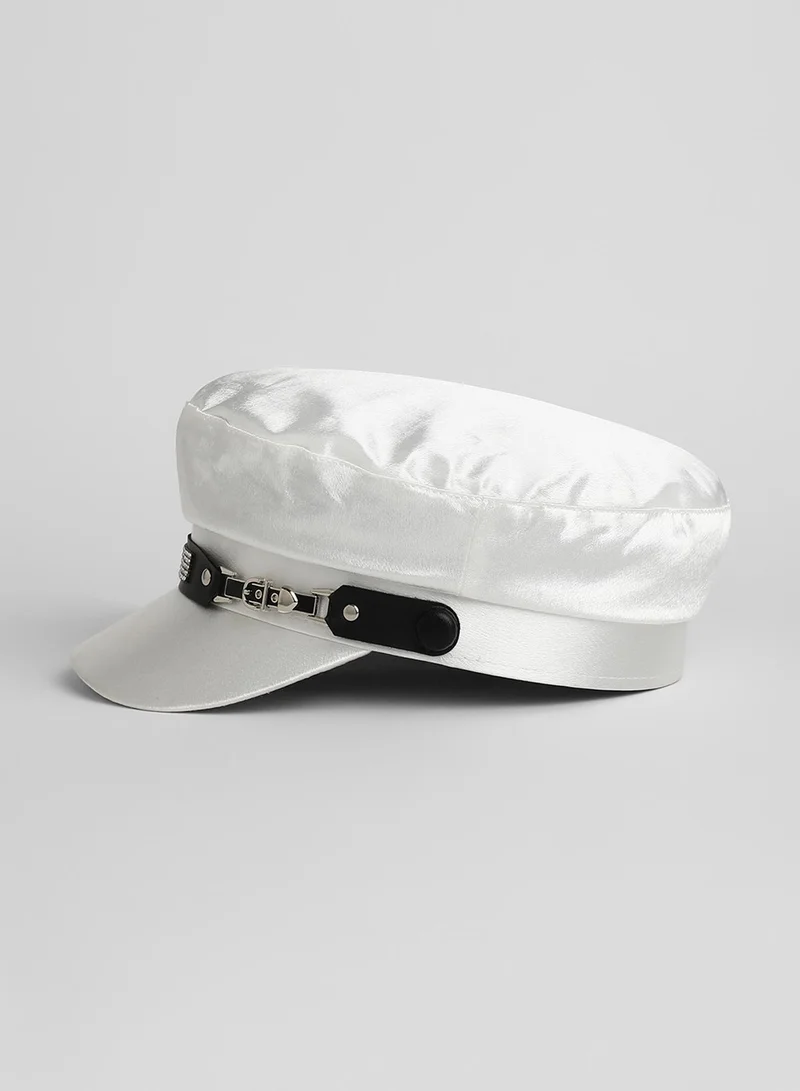 Haute Sauce Embellished Satin Bakerboy Cap - Powder White