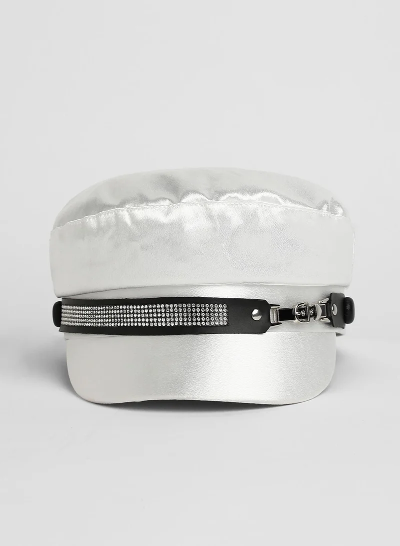 Haute Sauce Embellished Satin Bakerboy Cap - Powder White