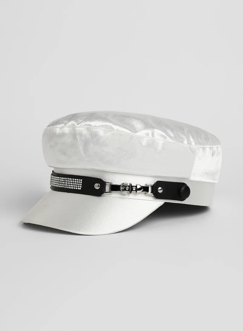 Haute Sauce Embellished Satin Bakerboy Cap - Powder White