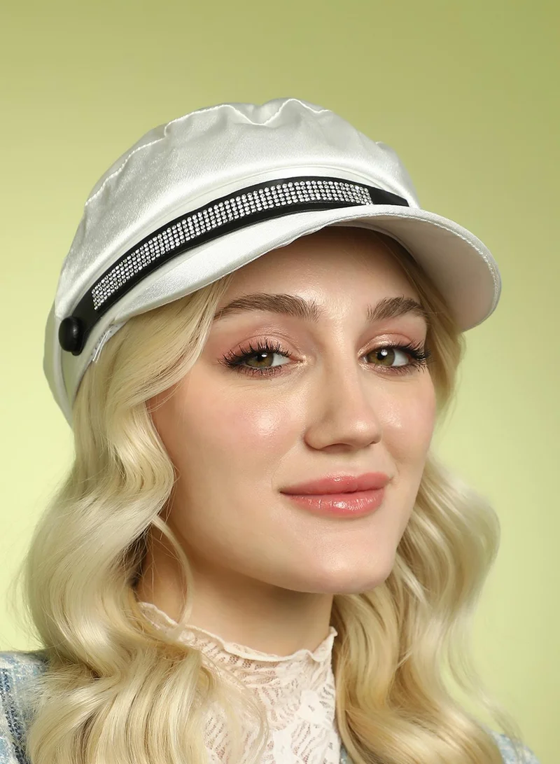 Haute Sauce Embellished Satin Bakerboy Cap - Powder White