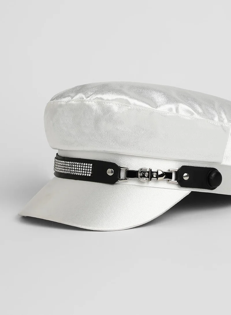 Haute Sauce Embellished Satin Bakerboy Cap - Powder White