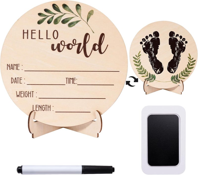 Giftacity Baby Announcement Sign for Welcome Baby  DoubleSided Hello World Newborn Name Sign for Hospital with Marker and Stand Wooden Birth Announcement Board for New Girls Nursery Gifts - Image 1