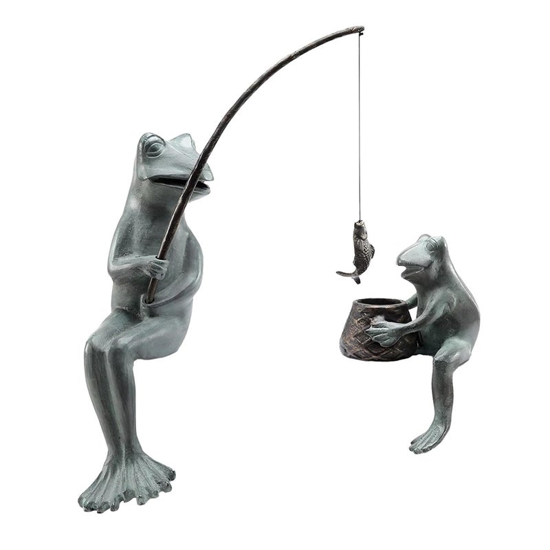 SPI Home Cast Aluminum Fishing Frog Mama Baby Garden Sculpture