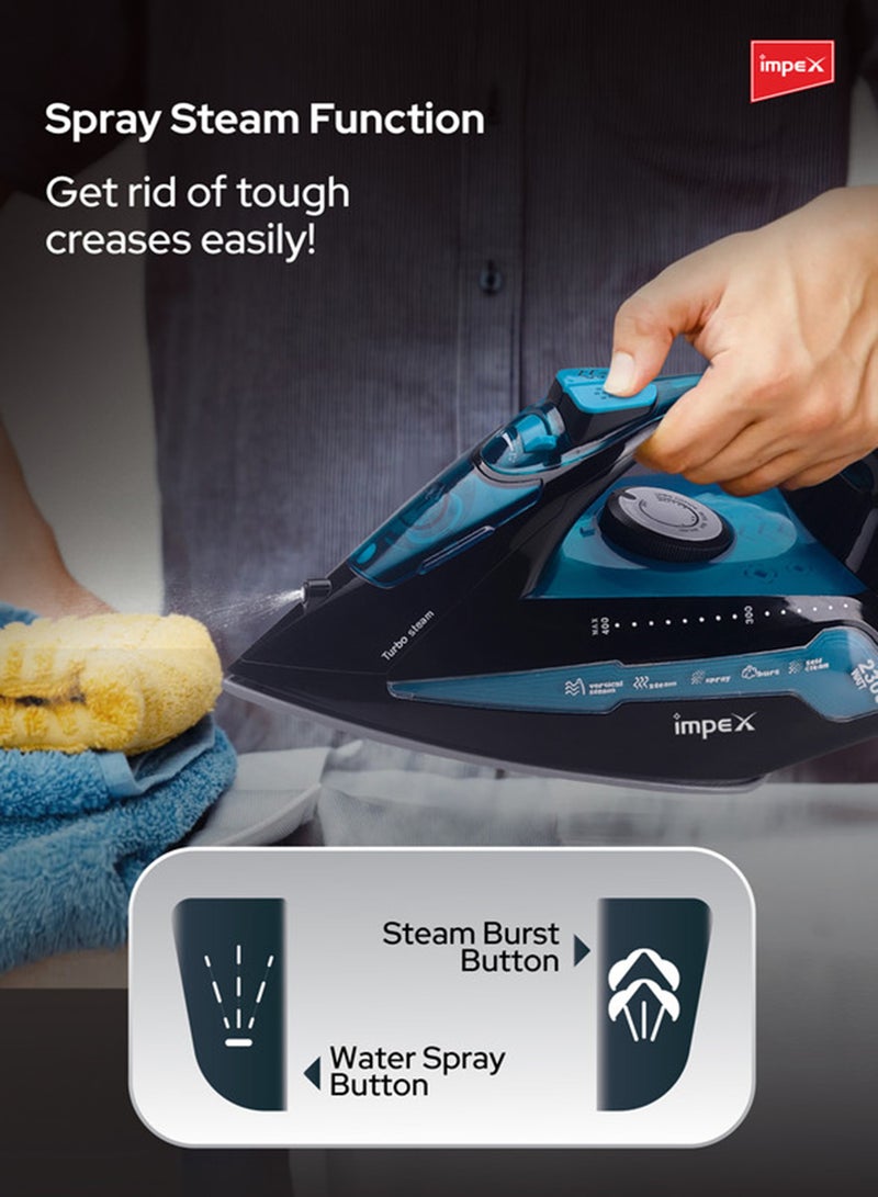 Impex 404 Electric Steam Iron Box, 360 Degree Plaint Swivel Cord Water Spray Ceramic Coated Sole Plate Overheat Protection With Temperature Settings 200 ml 2300 W IBS 404 Black And Blue - Image 4