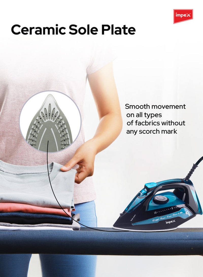 Impex 404 Electric Steam Iron Box, 360 Degree Plaint Swivel Cord Water Spray Ceramic Coated Sole Plate Overheat Protection With Temperature Settings 200 ml 2300 W IBS 404 Black And Blue - Image 5