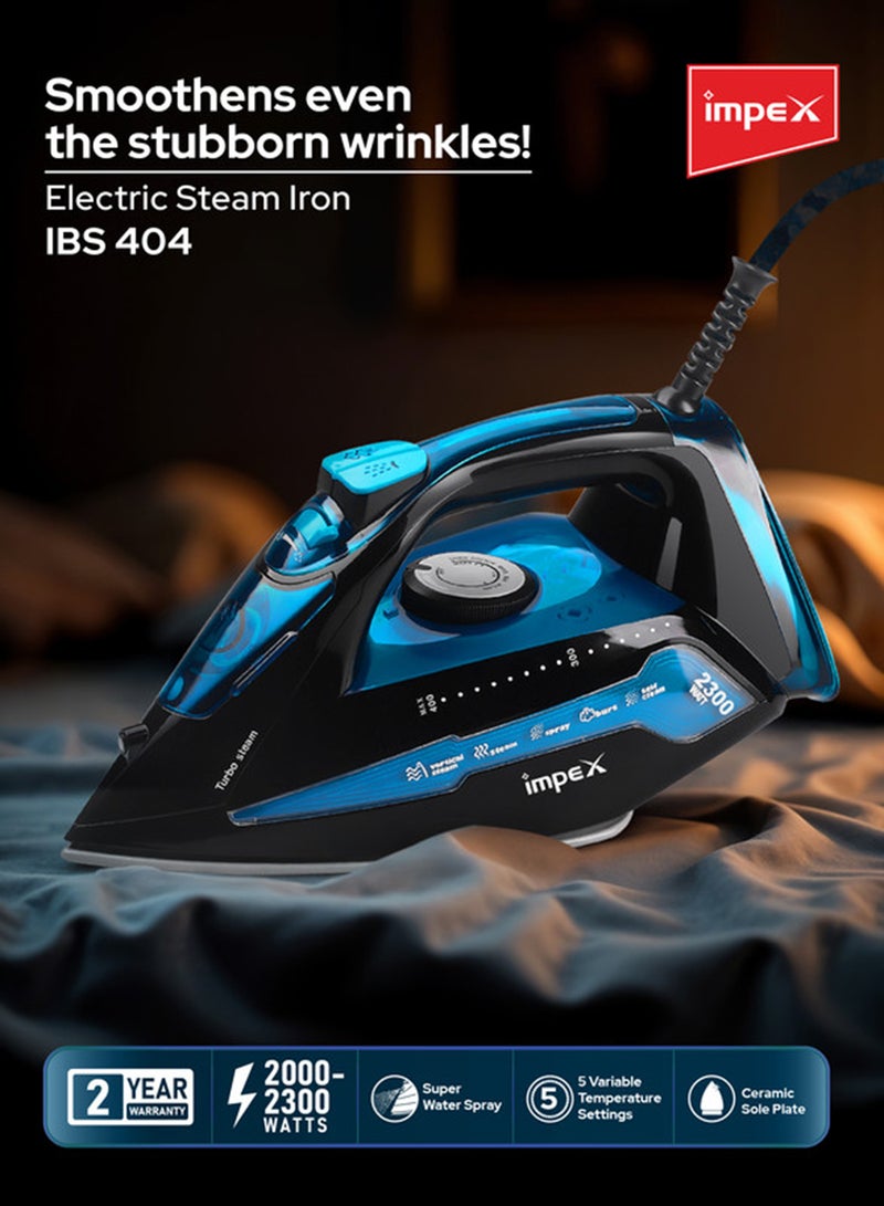 Impex 404 Electric Steam Iron Box, 360 Degree Plaint Swivel Cord Water Spray Ceramic Coated Sole Plate Overheat Protection With Temperature Settings 200 ml 2300 W IBS 404 Black And Blue - Image 2