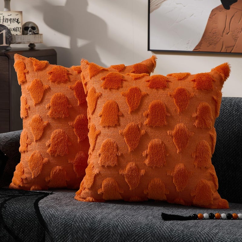 DFXSZ Halloween Pillow Covers 18x18 inch Set of 2 Orange Ghost Throw Pillow Cases Soft Plush Faux Fur Wool Couch Cushion Case for Chair Sofa Bedroom Living Room Home Decor PTK03S18 - Image 2