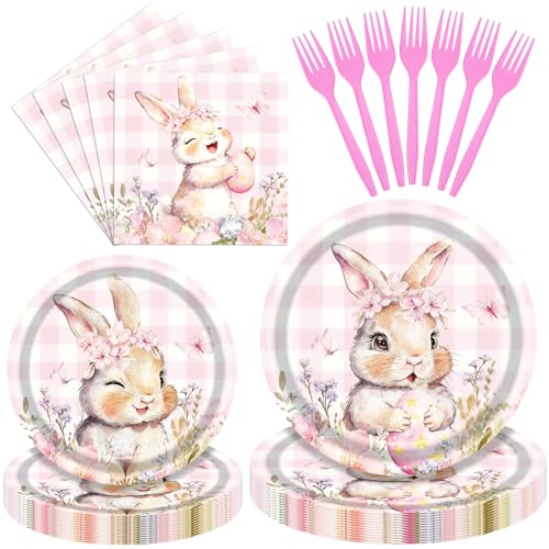 PhyLence 100 Pcs Easter Gingham Tableware Party Supplies - Disposable Pastel Plaid Bunny Dinnerware Set with Paper Plates and Napkins for Spring Parties,Easter Celebrations,and Holiday Gatherings - Serves 25 - Image 1
