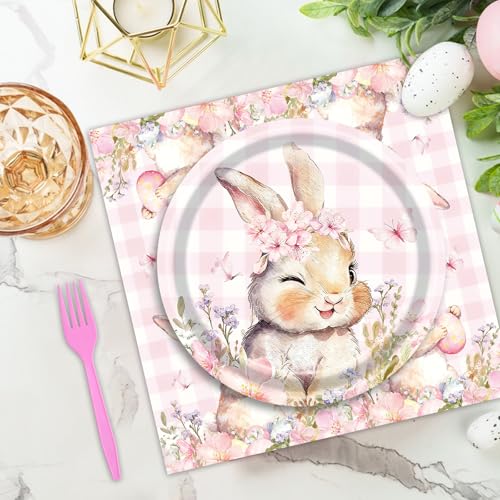 PhyLence 100 Pcs Easter Gingham Tableware Party Supplies - Disposable Pastel Plaid Bunny Dinnerware Set with Paper Plates and Napkins for Spring Parties,Easter Celebrations,and Holiday Gatherings - Serves 25 - Image 5