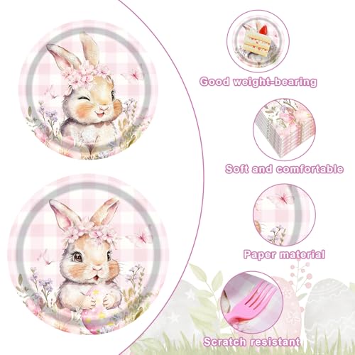PhyLence 100 Pcs Easter Gingham Tableware Party Supplies - Disposable Pastel Plaid Bunny Dinnerware Set with Paper Plates and Napkins for Spring Parties,Easter Celebrations,and Holiday Gatherings - Serves 25 - Image 3
