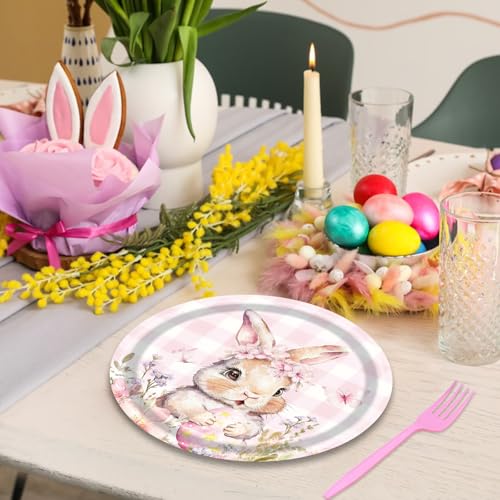 PhyLence 100 Pcs Easter Gingham Tableware Party Supplies - Disposable Pastel Plaid Bunny Dinnerware Set with Paper Plates and Napkins for Spring Parties,Easter Celebrations,and Holiday Gatherings - Serves 25 - Image 4