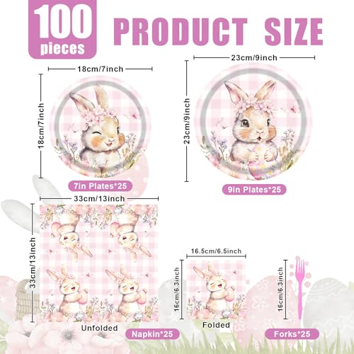 PhyLence 100 Pcs Easter Gingham Tableware Party Supplies - Disposable Pastel Plaid Bunny Dinnerware Set with Paper Plates and Napkins for Spring Parties,Easter Celebrations,and Holiday Gatherings - Serves 25 - Image 2
