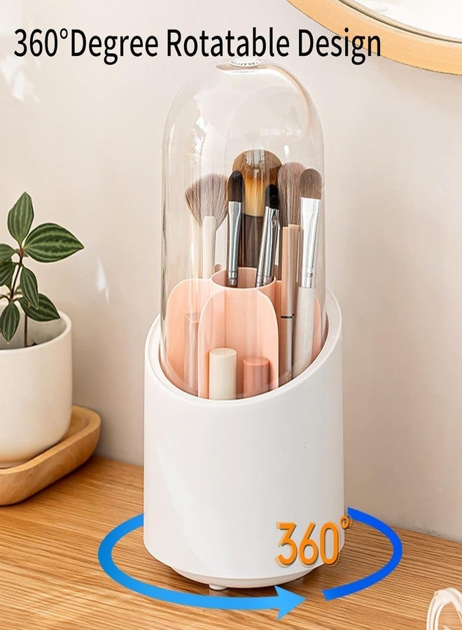 BIRZAR 360° Rotating Makeup Brush Holders Organizer Transparent Makeup Brush Box With Lid Dust Proof Vanity Desktop Bathroom Counter Cosmetic Accessories (Transparent White) - Image 2