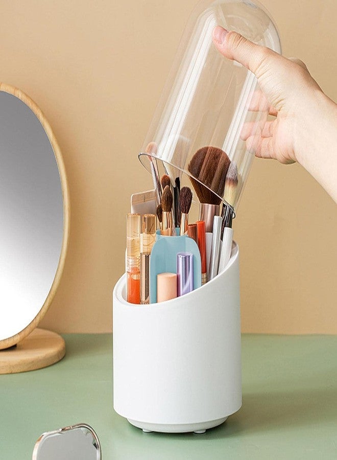 BIRZAR 360° Rotating Makeup Brush Holders Organizer Transparent Makeup Brush Box With Lid Dust Proof Vanity Desktop Bathroom Counter Cosmetic Accessories (Transparent White) - Image 1