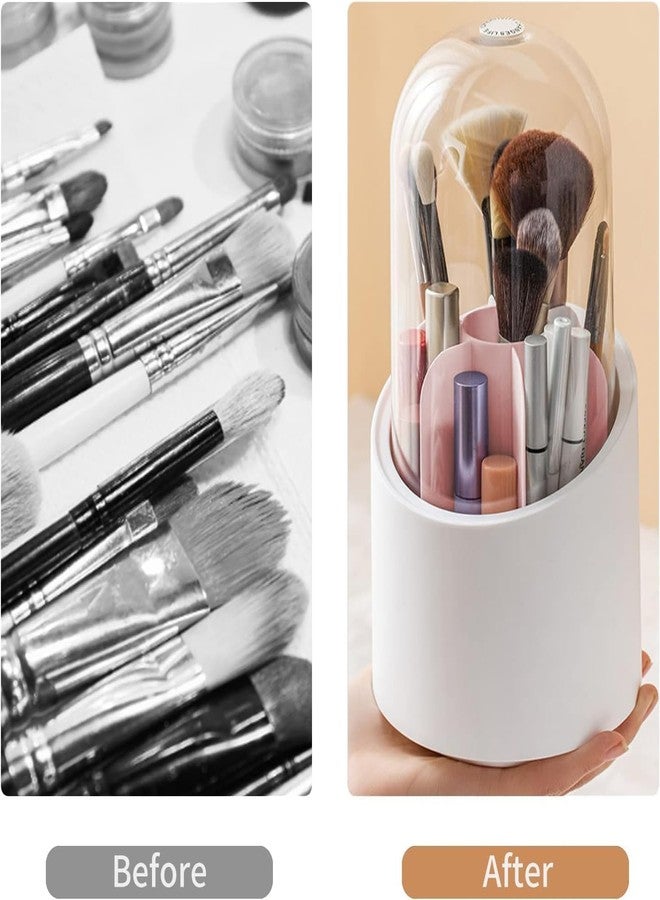 BIRZAR 360° Rotating Makeup Brush Holders Organizer Transparent Makeup Brush Box With Lid Dust Proof Vanity Desktop Bathroom Counter Cosmetic Accessories (Transparent White) - Image 3