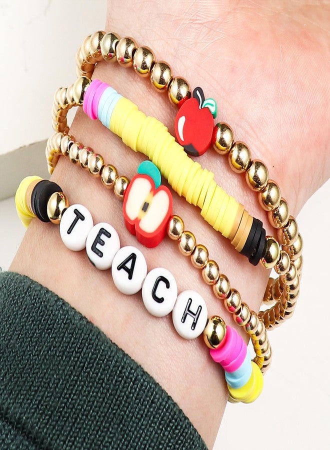 SCRDPRAD Teacher Appreciation Handmade Stackable Colorful Solf Clay Love Teach Inspire Letter Beaded Adjustable Bracelets Sweet Teacher for Women-2 - Image 2