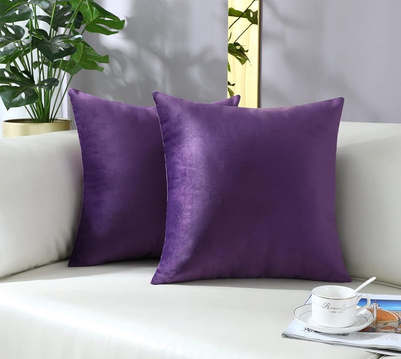 mixeoo Comfy Eggplant Purple Throw Pillow Covers Decorative Square Solid Thick Velvet Super Soft Cushion Cases Home Decor for Sofa Couch Living Room Chair, Set of 2, 18 x 18 Inch - Image 1