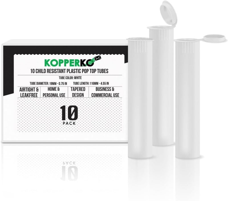 Kopperko 10 Pack 116mm Plastic Pop Top Tube - Child Resistant Pill Storage Containers for Herbs and Spices | UV and Moisture Resistant Medication Container | Airtight & Waterproof Storage | White