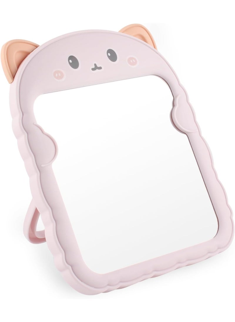 TBWHL TBWHL Cute Desk Mirror Cartoon Cat Mirror for Desk, Desktop Mirror with Stand for Girls, Kids, Hanging Mirror for Bedroom, Bathroom (Pink Cat) 