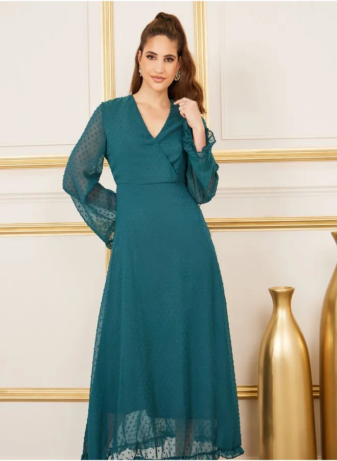 ستايلي Dobby Ruffle Trim A-Line Maxi Dress