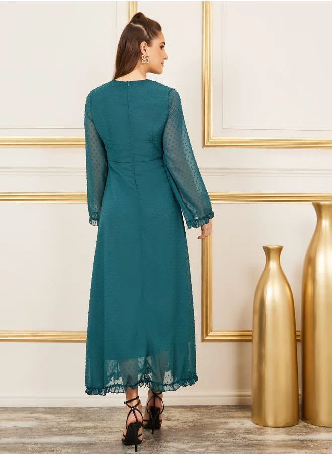 ستايلي Dobby Ruffle Trim A-Line Maxi Dress