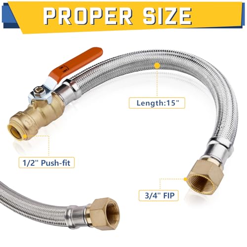 GUOFIS 1Pack GUOFIS Stainless Steel Braided Flexible Water Heater Connector12 Inch Pushfit Ball Valve x 34 Inch FIP15Inch Length HoseHOSE036 - Image 3