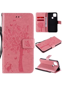 HuHa Case Cover For For Google Pixel 4a 5G / Pixel 5 XL Tree & Cat Embossed Pattern Horizontal Flip Leather Case with Holder & Card Slots & Wallet & Lanyard(Pink) 