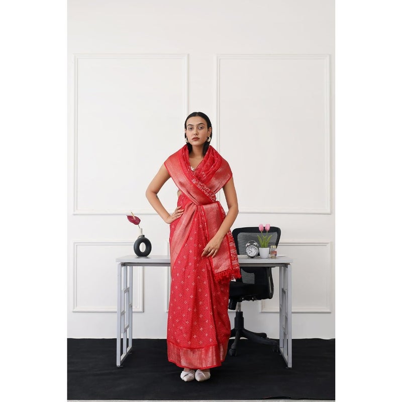 Womanista Women's Ready-To-Wear Red Printed Poly Cotton Saree For Casual Festive Wear One Size Soft Fabric Lightweight Wrinkle-Resistant TI6769_Red_Onesize - Image 2