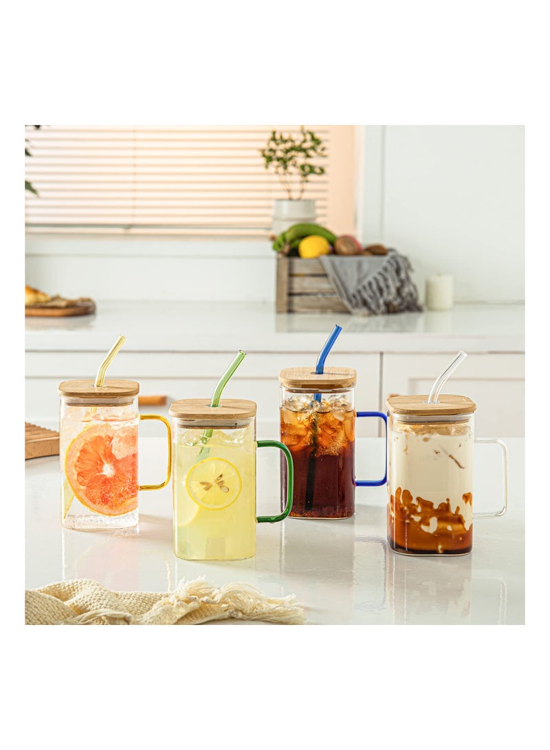 KASTWAVE 4 Pack Glass Cups With Lids and Straws, 400ML Drinking Glasses Coffee Cups with Handle, Glass Mug With colored Handle for Soda, Iced Coffee, Milk, Bubble Tea, Water, Juice  - Image 5