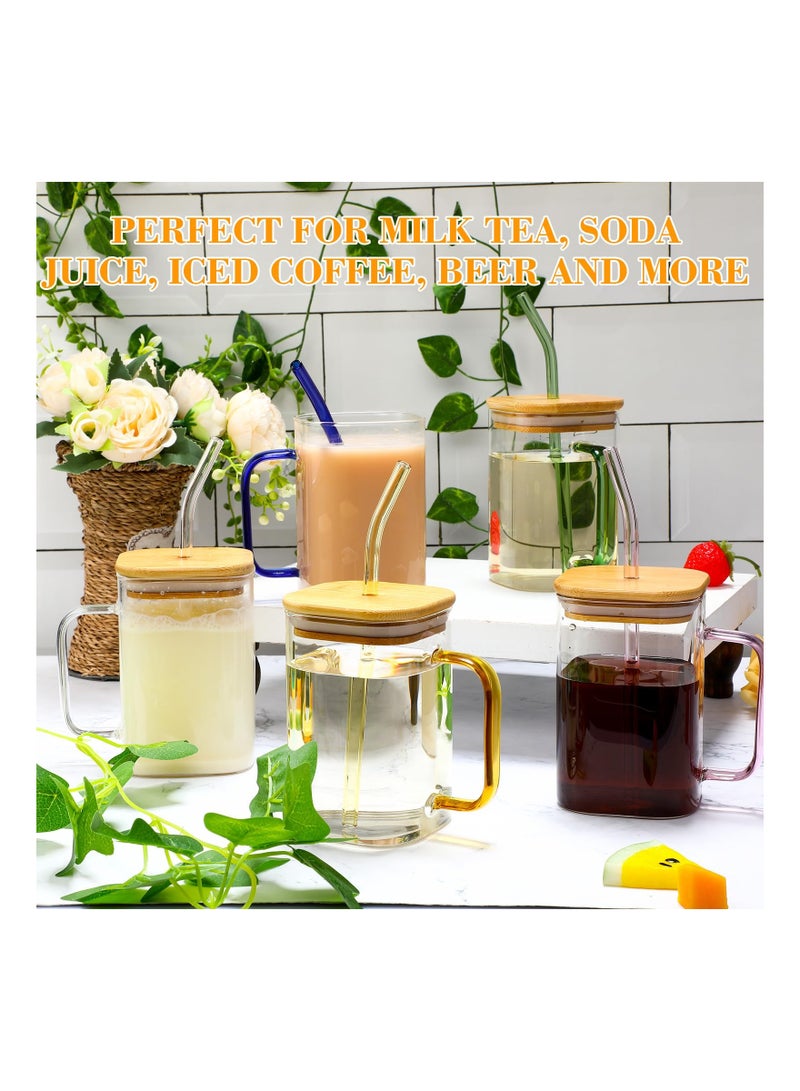 KASTWAVE 4 Pack Glass Cups With Lids and Straws, 400ML Drinking Glasses Coffee Cups with Handle, Glass Mug With colored Handle for Soda, Iced Coffee, Milk, Bubble Tea, Water, Juice  - Image 4