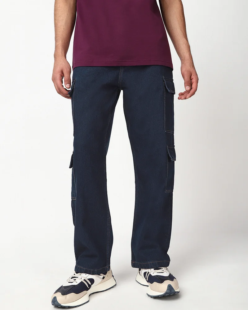 bewakoof Men's Navy Blue Baggy Fit Washed Cargo Mid-Rise Jeans