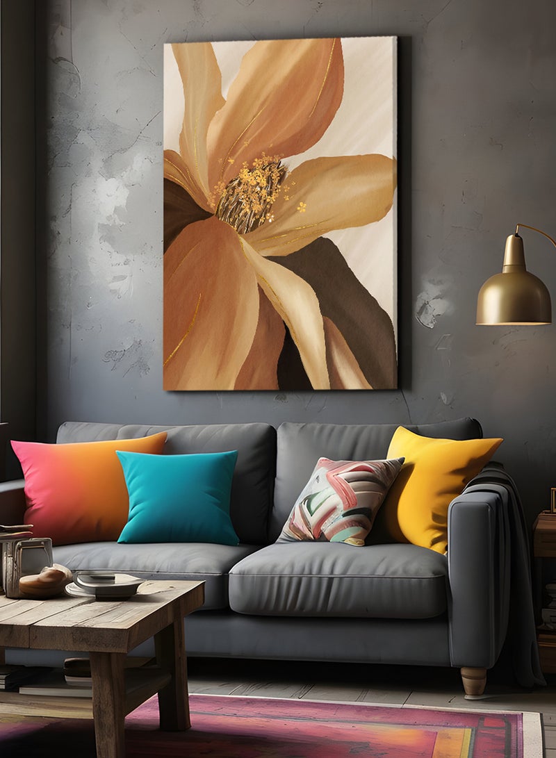 LOWHA Framed Canvas Wall Art Stretched Over Wooden Frame, Golden Flower Abstract Painting  - Image 1