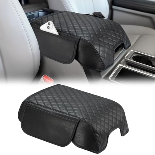 JOYTUTUS Center Console Cover Compatible with 2015-2020 F150, 2017-2022 F250 F350 F450, 2018-2024 Ford Expedition, Leather Armrest Cover Center Console Cushion with Side Pockets (Bucket Seat Only) - Image 1