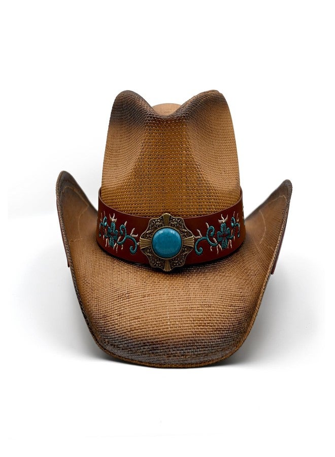 Foeran Men's Women's Straw Cowboy Hat Cowgirl Woven Sun Hat Western Cowboy Hat Two Decorative Bands, Coffee-sapphire, One size - Image 2