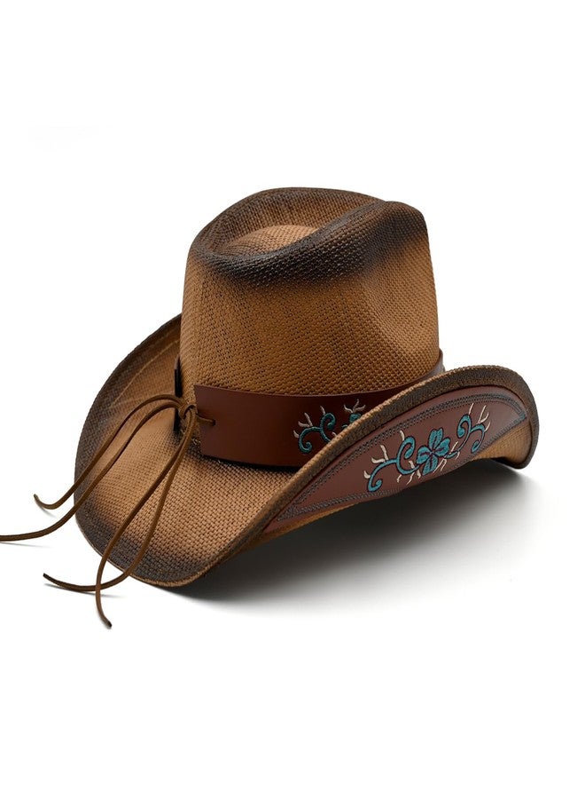 Foeran Men's Women's Straw Cowboy Hat Cowgirl Woven Sun Hat Western Cowboy Hat Two Decorative Bands, Coffee-sapphire, One size - Image 3