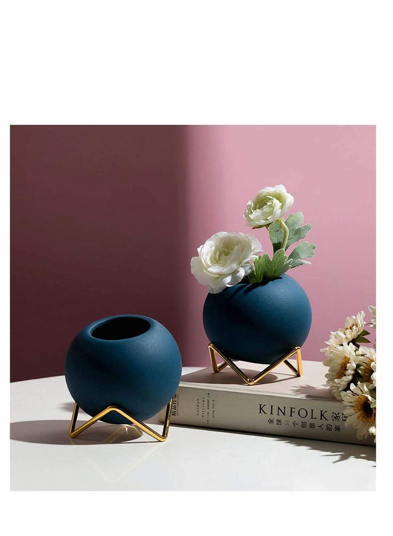 Excefore Ceramic Plant Pot with Metal Stand, Ceramic Succulent Pot Cactus Planter Pot Pottery Flower Pot Container Nordic Style Desktop Ornament for Modern Home Office Decor (Blue) - Image 4