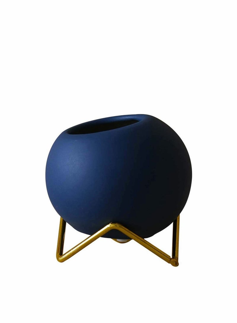 Excefore Ceramic Plant Pot with Metal Stand, Ceramic Succulent Pot Cactus Planter Pot Pottery Flower Pot Container Nordic Style Desktop Ornament for Modern Home Office Decor (Blue) - Image 1