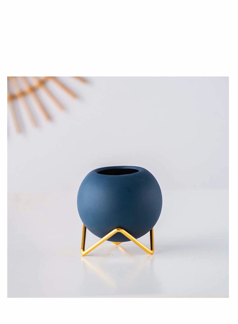 Excefore Ceramic Plant Pot with Metal Stand, Ceramic Succulent Pot Cactus Planter Pot Pottery Flower Pot Container Nordic Style Desktop Ornament for Modern Home Office Decor (Blue) - Image 2