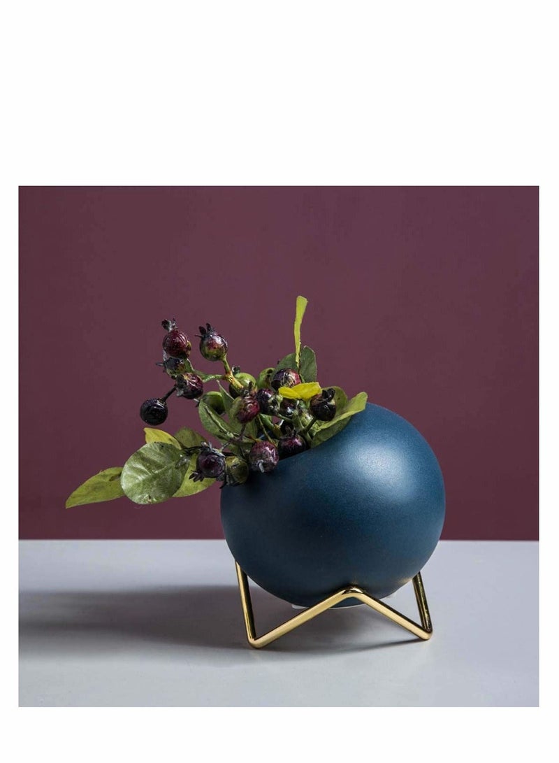 Excefore Ceramic Plant Pot with Metal Stand, Ceramic Succulent Pot Cactus Planter Pot Pottery Flower Pot Container Nordic Style Desktop Ornament for Modern Home Office Decor (Blue) - Image 3