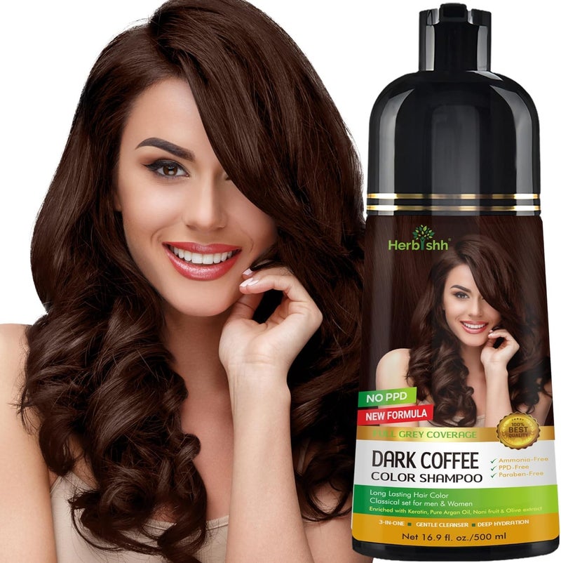 Herbishh Dark Coffee Hair Color Shampoo - 500ml, Ammonia-Free, 3-in-1 Formula for Gray Coverage - Image 1
