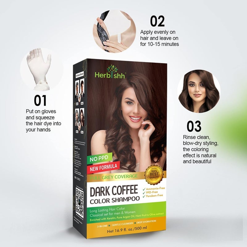 Herbishh Dark Coffee Hair Color Shampoo - 500ml, Ammonia-Free, 3-in-1 Formula for Gray Coverage - Image 5