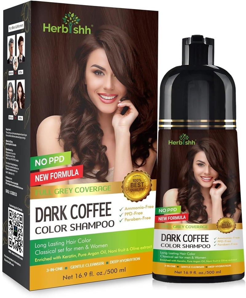 Herbishh Dark Coffee Hair Color Shampoo - 500ml, Ammonia-Free, 3-in-1 Formula for Gray Coverage - Image 2