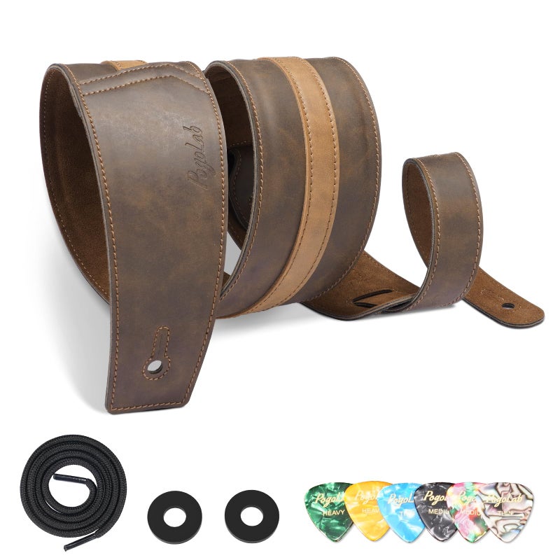 POGOLAB Leather Guitar Strap, 3 inch Wide Comfortable Foam Cushion Padded Bass Strap, Adjustable Length from 51" to 57", with Strap Locks & Picks, for Bass/Electric/Acoustic Guitar (Brown) - Image 1