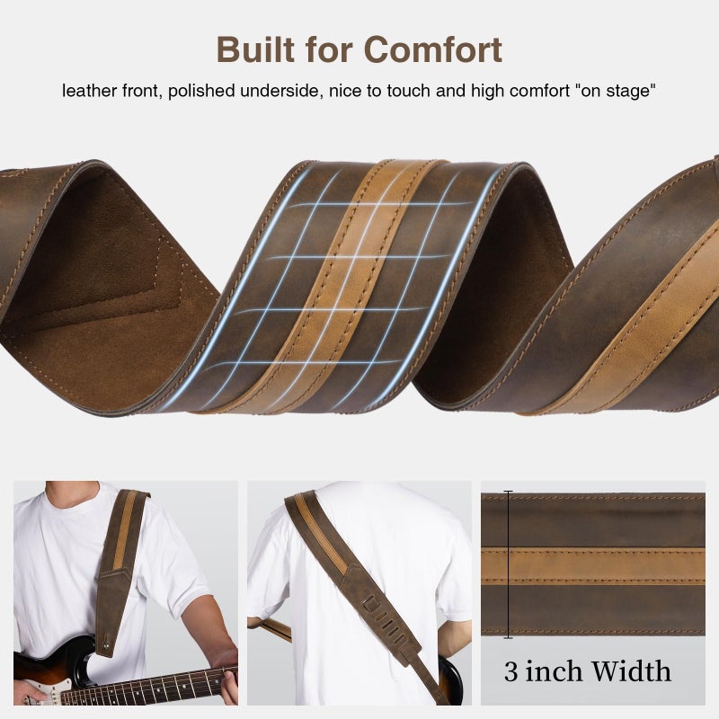 POGOLAB Leather Guitar Strap, 3 inch Wide Comfortable Foam Cushion Padded Bass Strap, Adjustable Length from 51" to 57", with Strap Locks & Picks, for Bass/Electric/Acoustic Guitar (Brown) - Image 3