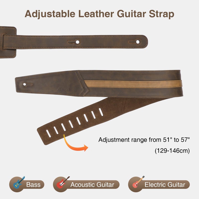 POGOLAB Leather Guitar Strap, 3 inch Wide Comfortable Foam Cushion Padded Bass Strap, Adjustable Length from 51" to 57", with Strap Locks & Picks, for Bass/Electric/Acoustic Guitar (Brown) - Image 4
