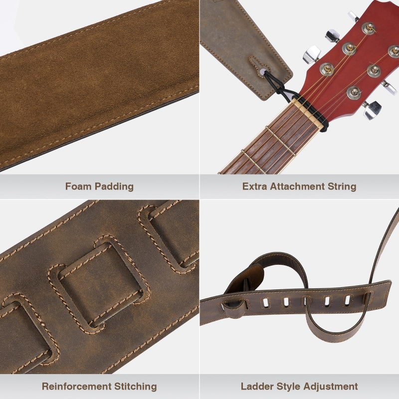 POGOLAB Leather Guitar Strap, 3 inch Wide Comfortable Foam Cushion Padded Bass Strap, Adjustable Length from 51" to 57", with Strap Locks & Picks, for Bass/Electric/Acoustic Guitar (Brown) - Image 5