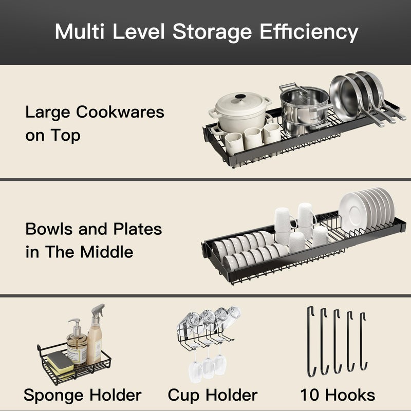 BOOSINY 3 Tier Extra Large Stainless Steel Expandable Over The Sink Dish Drainer Drying Rack, Rust Proof Metal, Space Saving, Modern Black Big Capacity Extendable Plate Strainers Above Kitchen Counter - Image 4