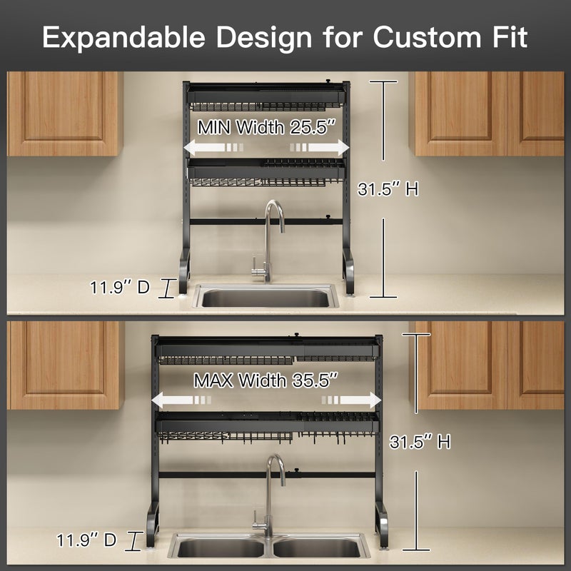 BOOSINY 3 Tier Extra Large Stainless Steel Expandable Over The Sink Dish Drainer Drying Rack, Rust Proof Metal, Space Saving, Modern Black Big Capacity Extendable Plate Strainers Above Kitchen Counter - Image 3