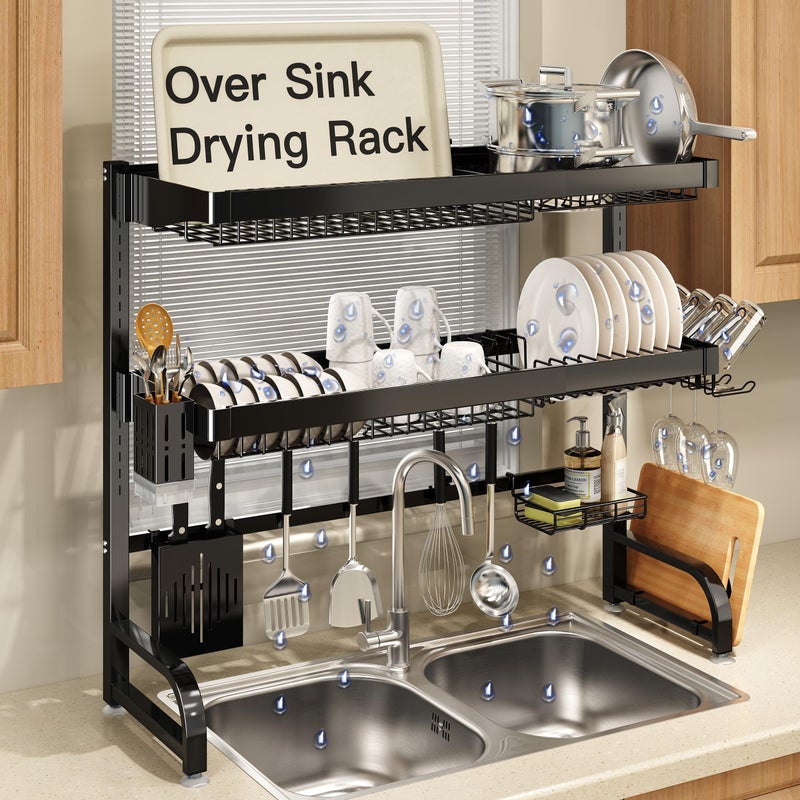 BOOSINY 3 Tier Extra Large Stainless Steel Expandable Over The Sink Dish Drainer Drying Rack, Rust Proof Metal, Space Saving, Modern Black Big Capacity Extendable Plate Strainers Above Kitchen Counter - Image 1